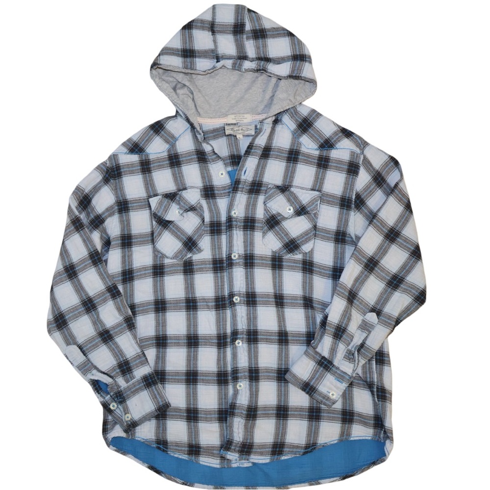 Cotton lightweight hooded flannel. Women's large. 100% cotton. Navy blue & grey